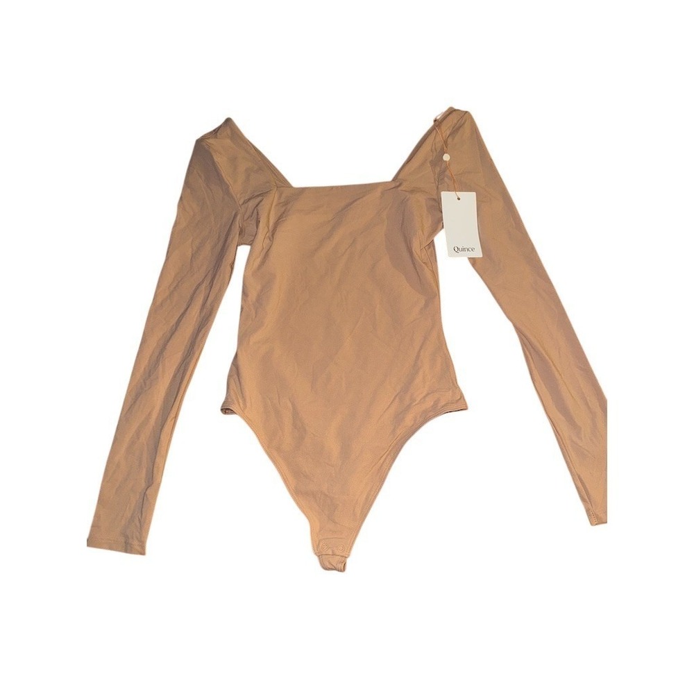 Quince Second Skin Bodysuit Womens XS Beige Square Neck L/S layering thong‎ snap - Picture 2 of 8